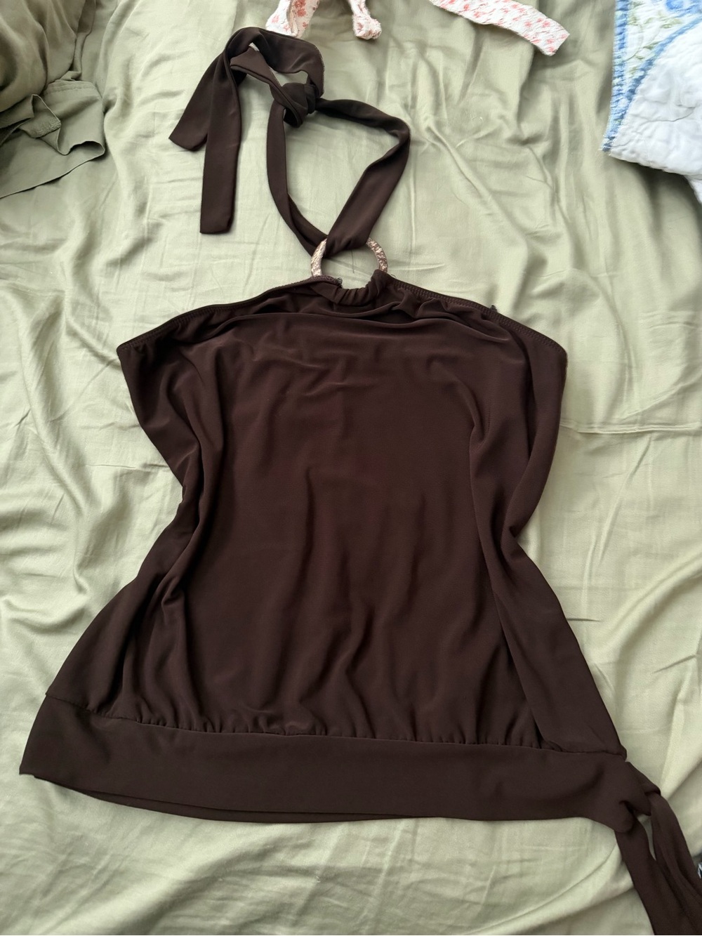 Y2K Brown Halter Tank Top with Ring Detail